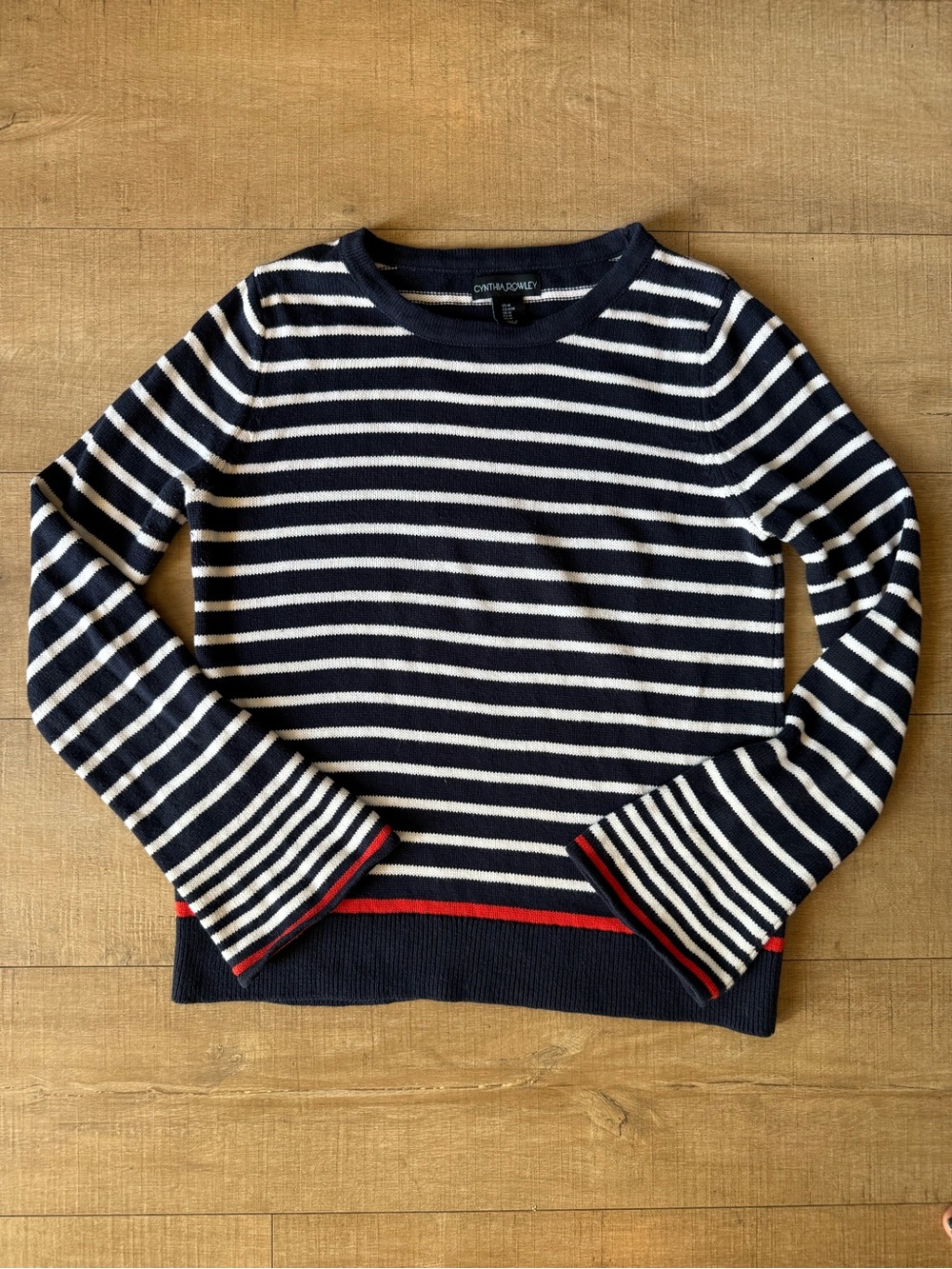 Cynthia Rowley 100% cotton sweater bell sleeve medium Navy White Red Striped